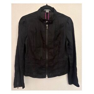 Ann Taylor Black 100% Linen Full Zip Mock Neck Jacket with Pink Piping Womens 4